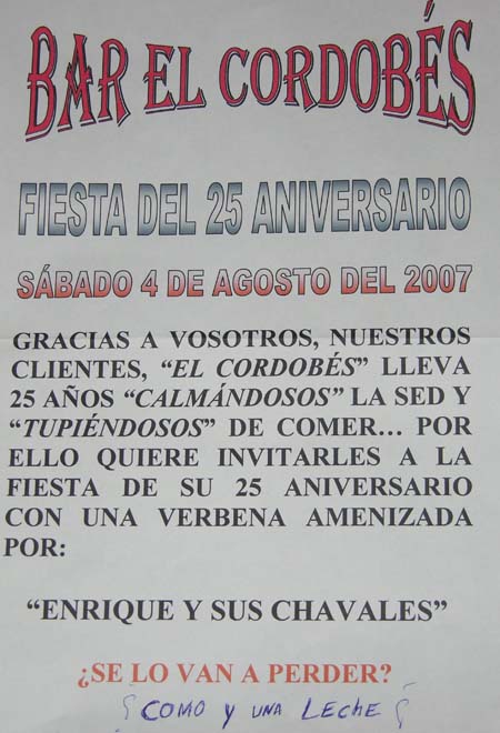 Cartel anunciador del 25 aniversario del Bar El Cordobs